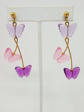 Pastel Butterfly Dangle Earrings Pink Purple Gold Tone Earrings